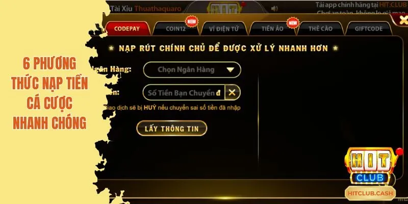 Cung cấp 6 phương thức nạp tiền Hitclub đa dạng